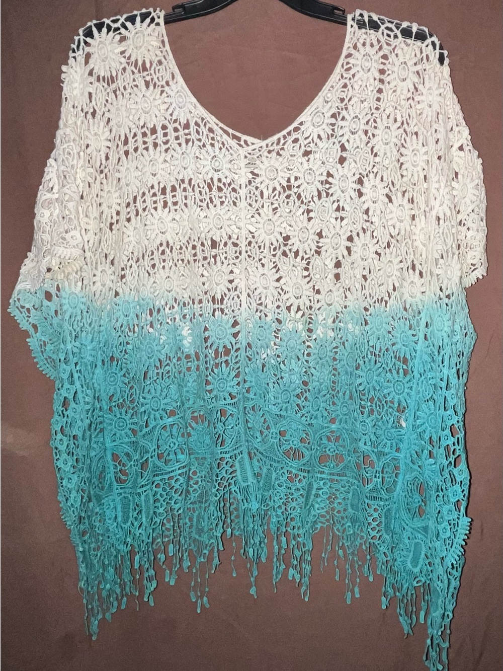 Boho Crochet Ombre Tunic - White to Aqua